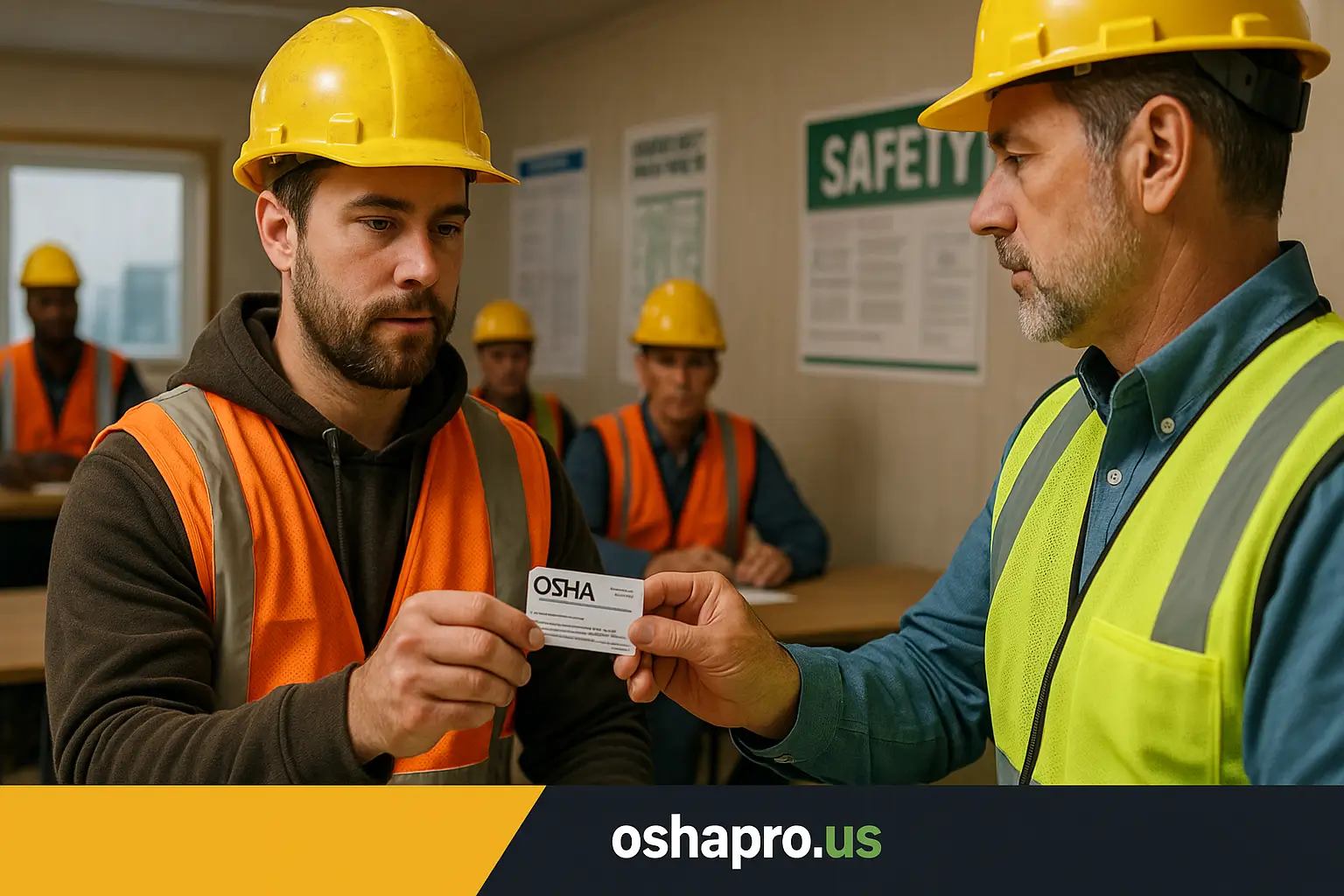 Construction worker receiving OSHA card during safety training session.