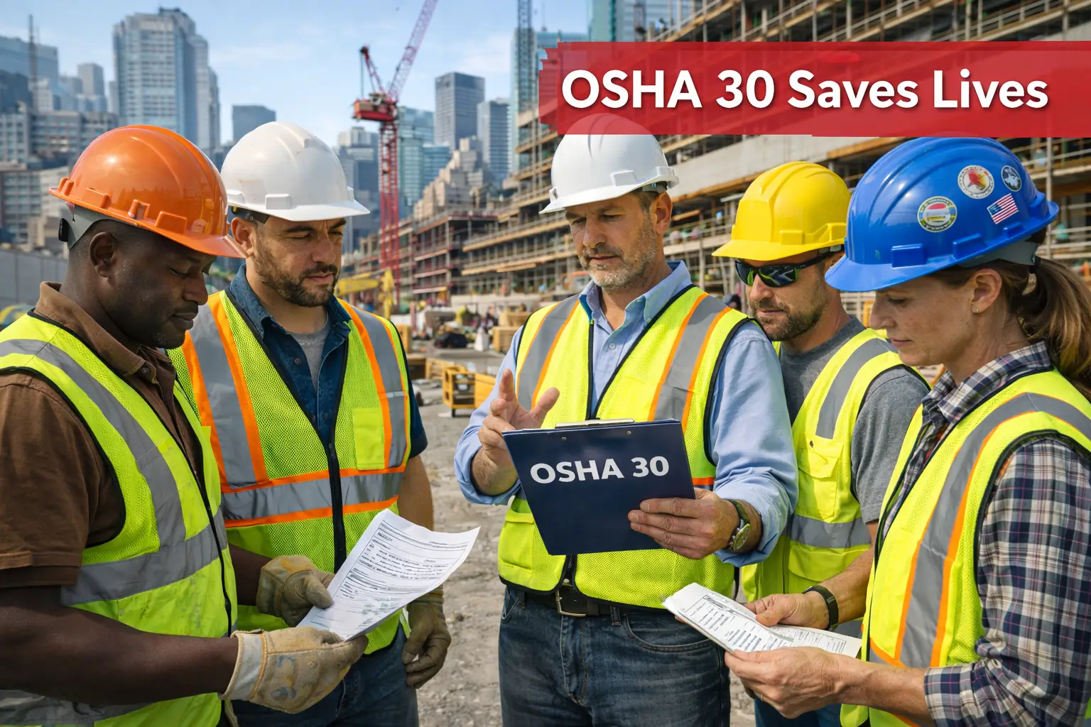 Construction workers discussing OSHA 30-Hour safety training on an active jobsite
