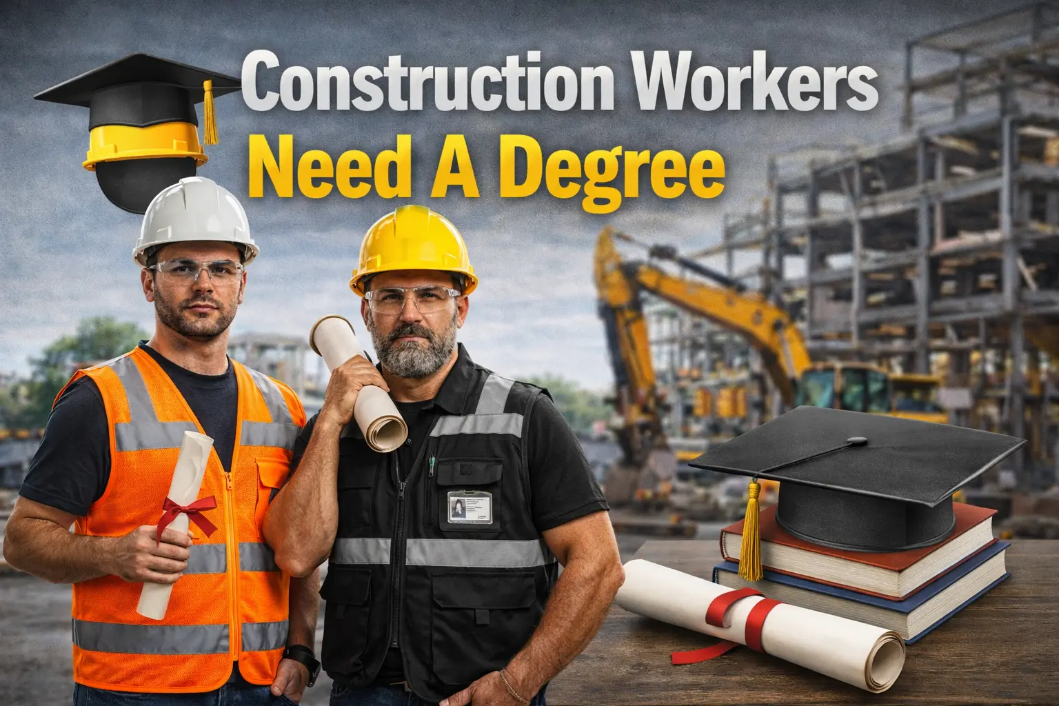 Construction worker on job site reviewing building plans without college degree requirement