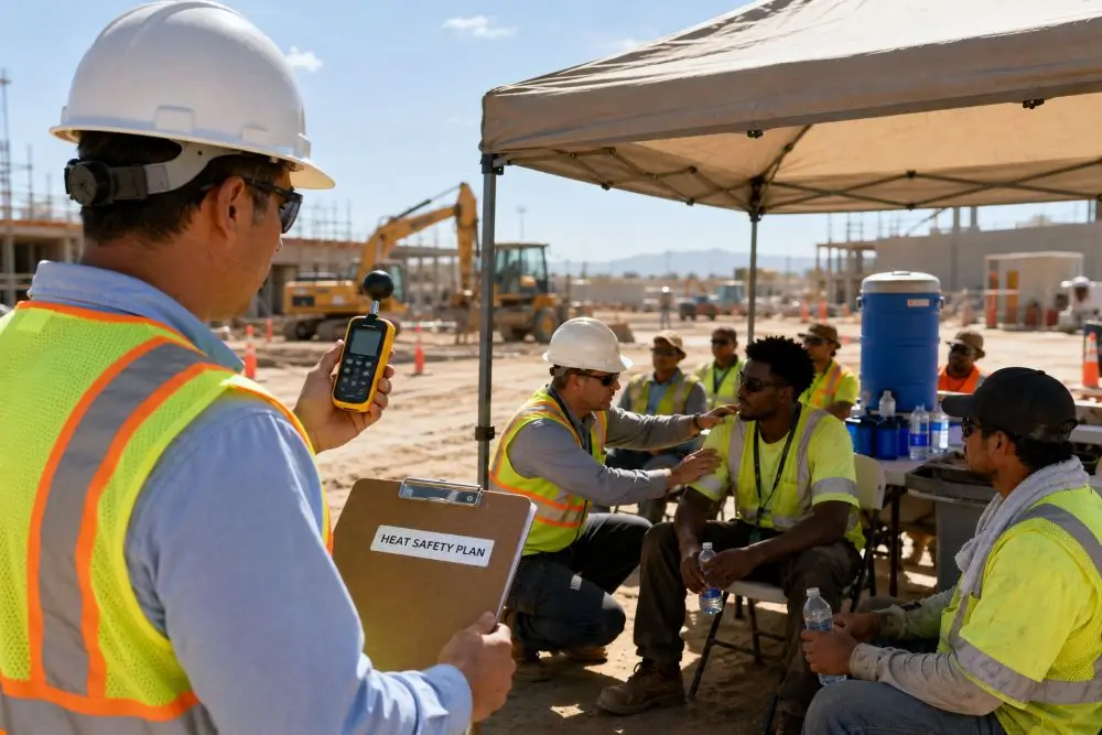 Safety supervisor monitoring heat exposure while construction workers take a shaded hydration break